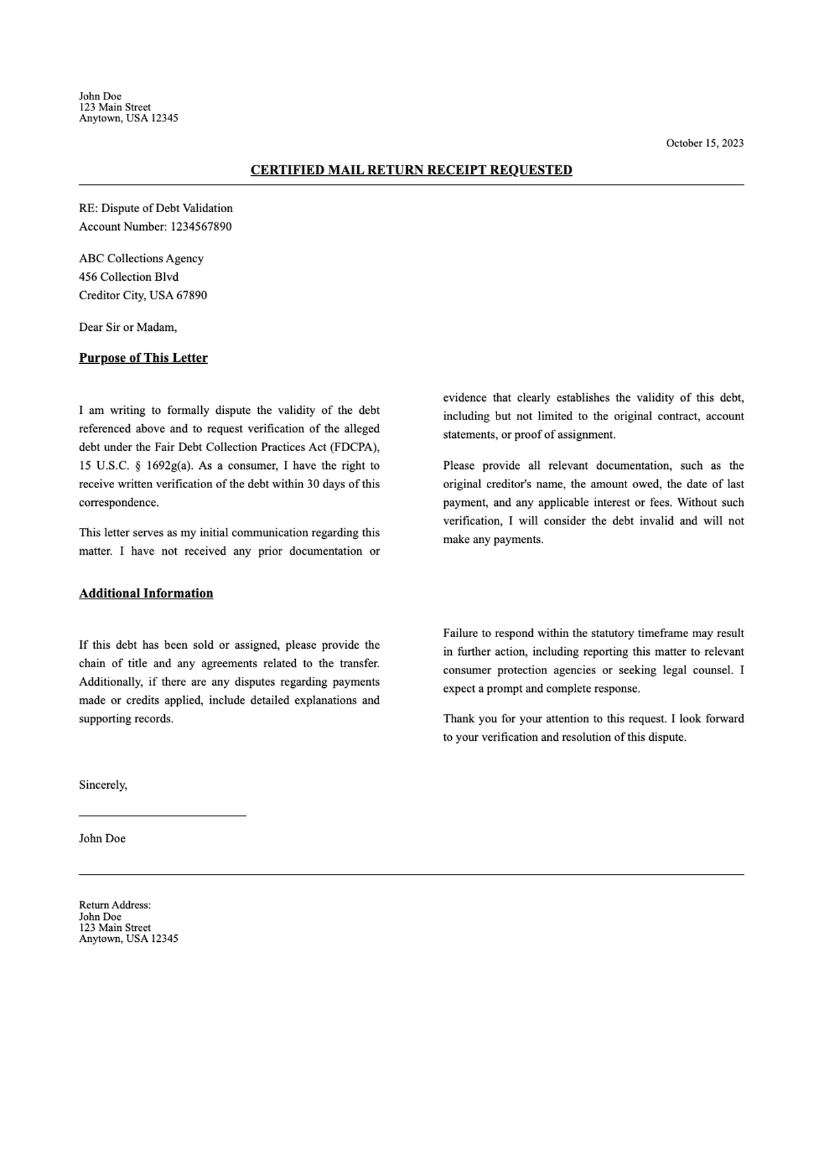 Certified mail return receipt debt dispute letter under Fair Credit Reporting Act_variant_2